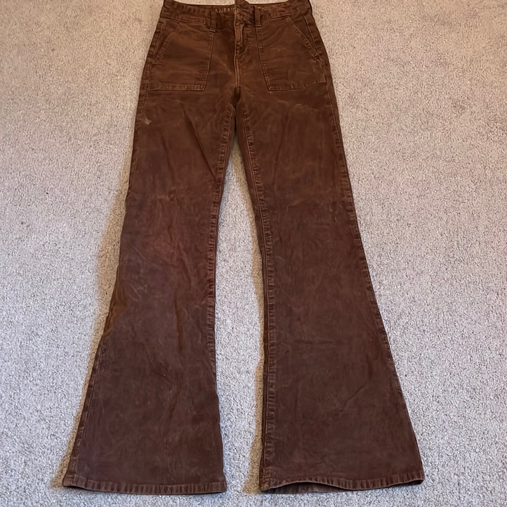 brown high rise flare corduroy pants